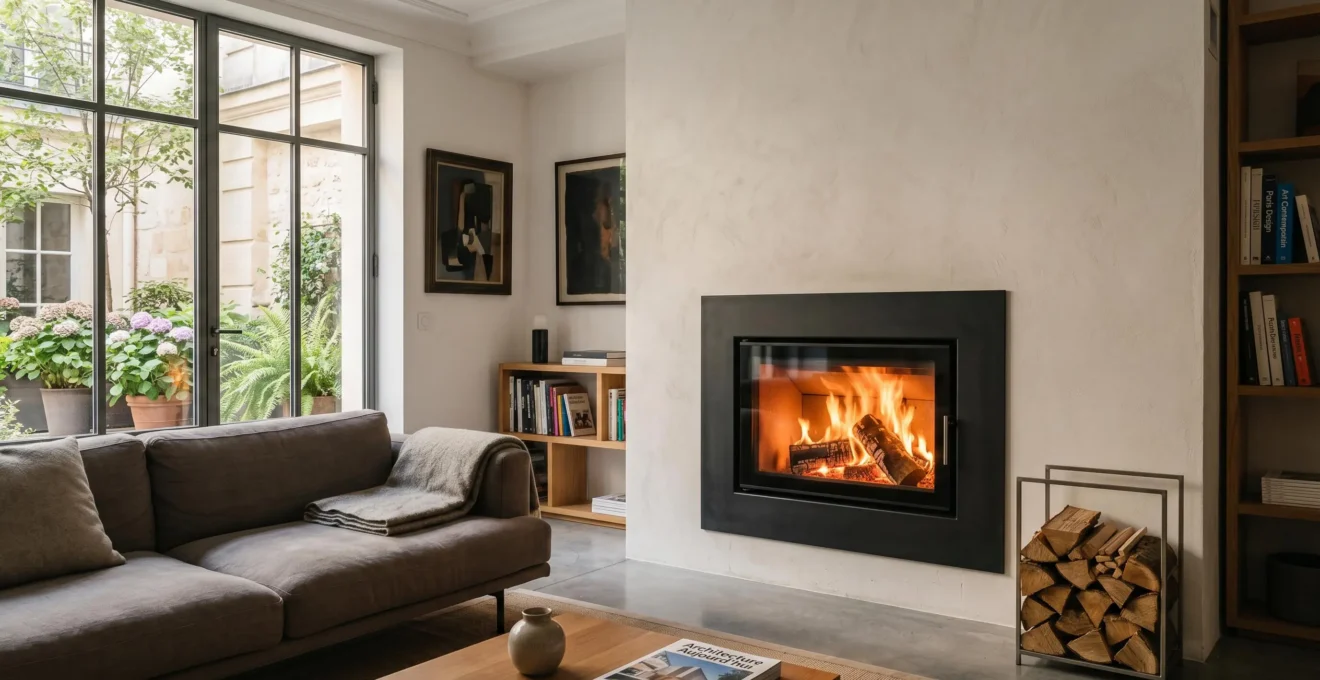 Insert à bois moderne en fonctionnement dans un salon contemporain français, flammes visibles à travers la vitre, habillage acier noir mat et bûches empilées à proximité