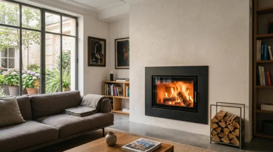 Insert à bois moderne en fonctionnement dans un salon contemporain français, flammes visibles à travers la vitre, habillage acier noir mat et bûches empilées à proximité