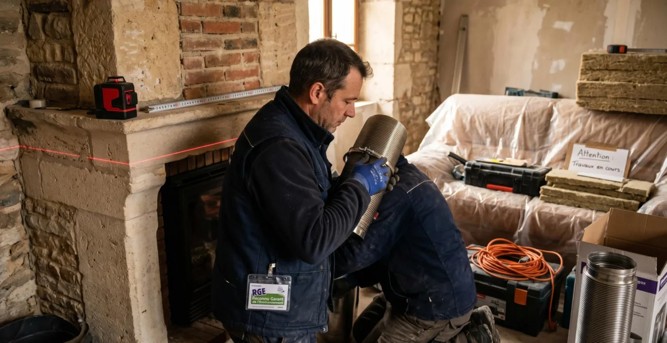 Technicien certifié RGE installant un insert à bois dans un chantier résidentiel, outils professionnels et conduit de fumée visibles